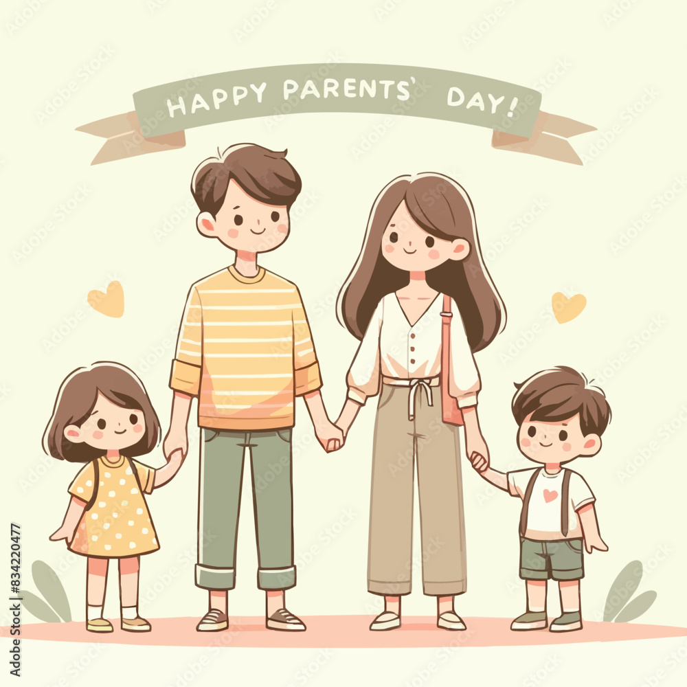 Muted hues, a happy family holding hands while standing side by side, and a statement honoring Parents' Day Muted hues, a happy family holding hands while standing side by side, and a statement honoring Parents' Day