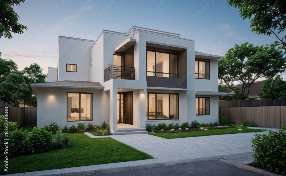 Obraz premium A Contemporary Dwelling with Stylish Architecture, Beautiful Exterior Design, and a Serene Garden Setting. Perfect Family Home in a Residential Neighborhood, Featuring Thoughtful Construction 