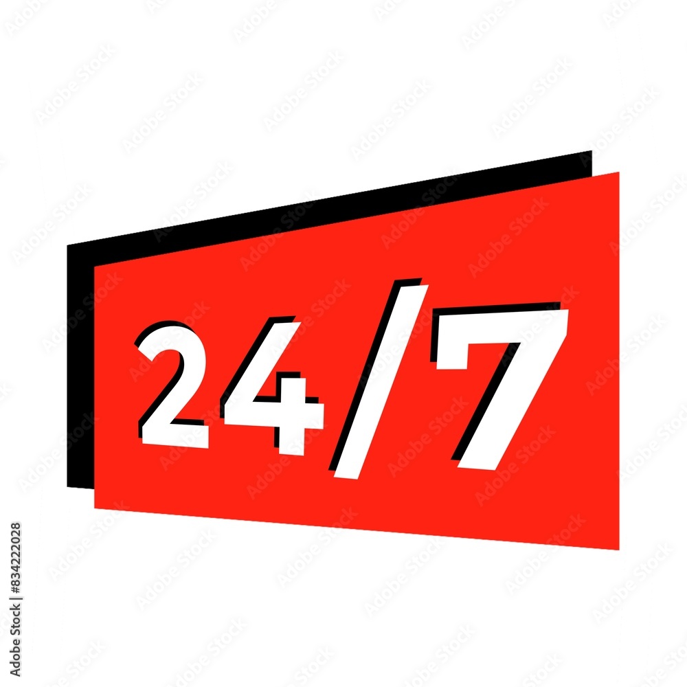 Twenty Four Seven Written in Flat Colours with 3D Style Shadow. Red shape. Twenty Four Seven Written in Flat Colours with 3D Style Shadow. Red shape.