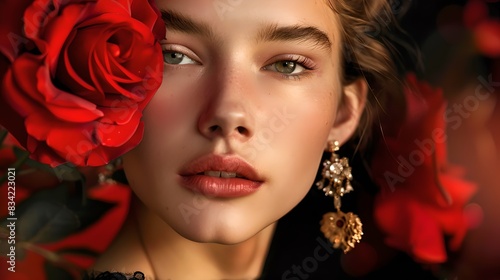 Wallpaper Mural Stunning woman with bold red roses. Artistic portrait. Close-up of an elegant lady with floral decoration and jewelry. Fashion and beauty editorial shot. AI Torontodigital.ca