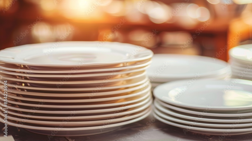 Closeup clean plates stack on a table ready for use Closeup clean plates stack on a table ready for use