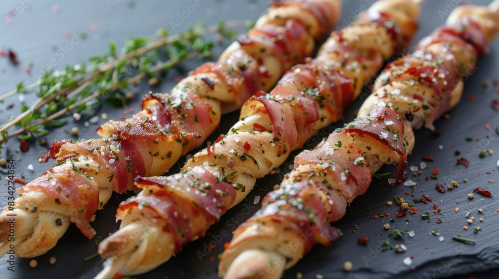 Appetizers crunchy Grissini with pork bacon Appetizers crunchy Grissini with pork bacon