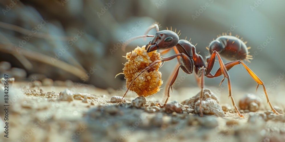 Close-up macro shot of an ant carrying food, detailed textures and vibrant colors, sharp and clear Close-up macro shot of an ant carrying food, detailed textures and vibrant colors, sharp and clear