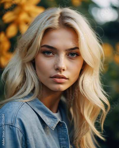 Stunning portrait of a beautiful woman influencer and model with blonde hair highlights