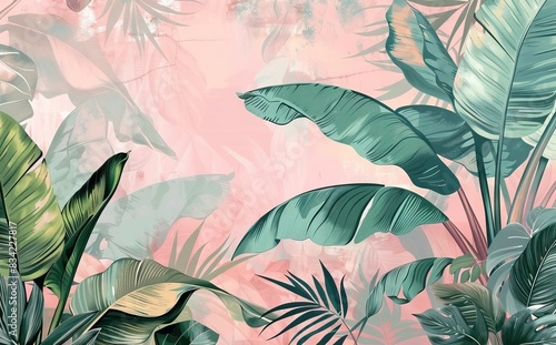 Illustration of tropical wallpaper print design with toucans  tropical flowers and palm banana leaves. Tropical birds and plants on textured  background. AI generated illustration