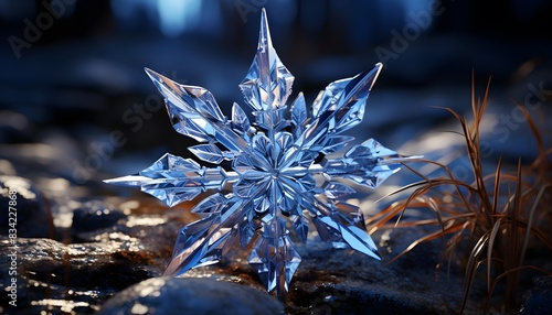 Blue crystal snowflake on the rocks in winter. 3d rendering