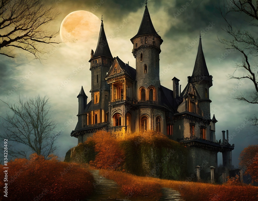 old castle in the night, an old and neglected castle is in the middle of a dense forest old castle in the night, an old and neglected castle is in the middle of a dense forest