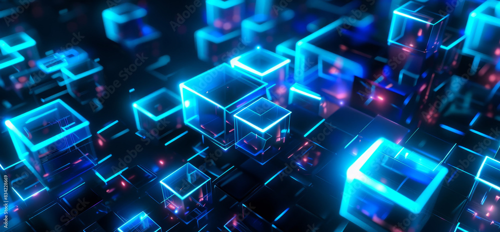 Abstract background with glowing holographic cubes in blue and neon colors on a dark black background, depicting a technological futuristic concept of technology and business data connection Abstract background with glowing holographic cubes in blue and neon colors on a dark black background, depicting a technological futuristic concept of technology and business data connection