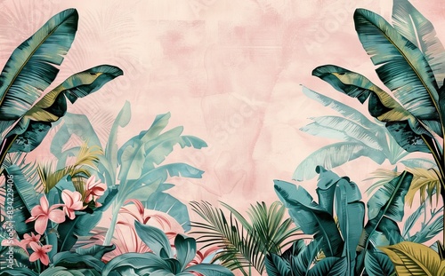 Illustration of tropical wallpaper print design with toucans, tropical flowers and palm banana leaves. Tropical birds and plants on textured background. AI generated illustration