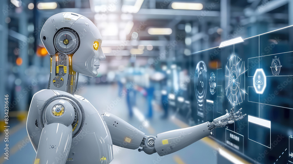 Fototapeta premium Robot interacting with futuristic touchscreen in industrial setting