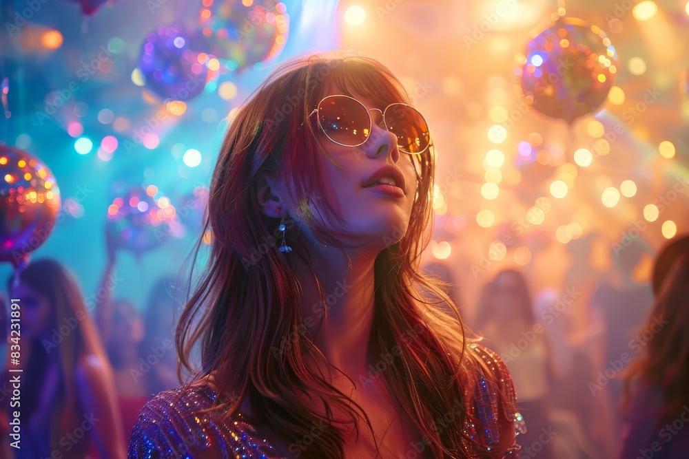 Stylish young woman enjoying a vibrant nightclub with disco lights and music Stylish young woman enjoying a vibrant nightclub with disco lights and music