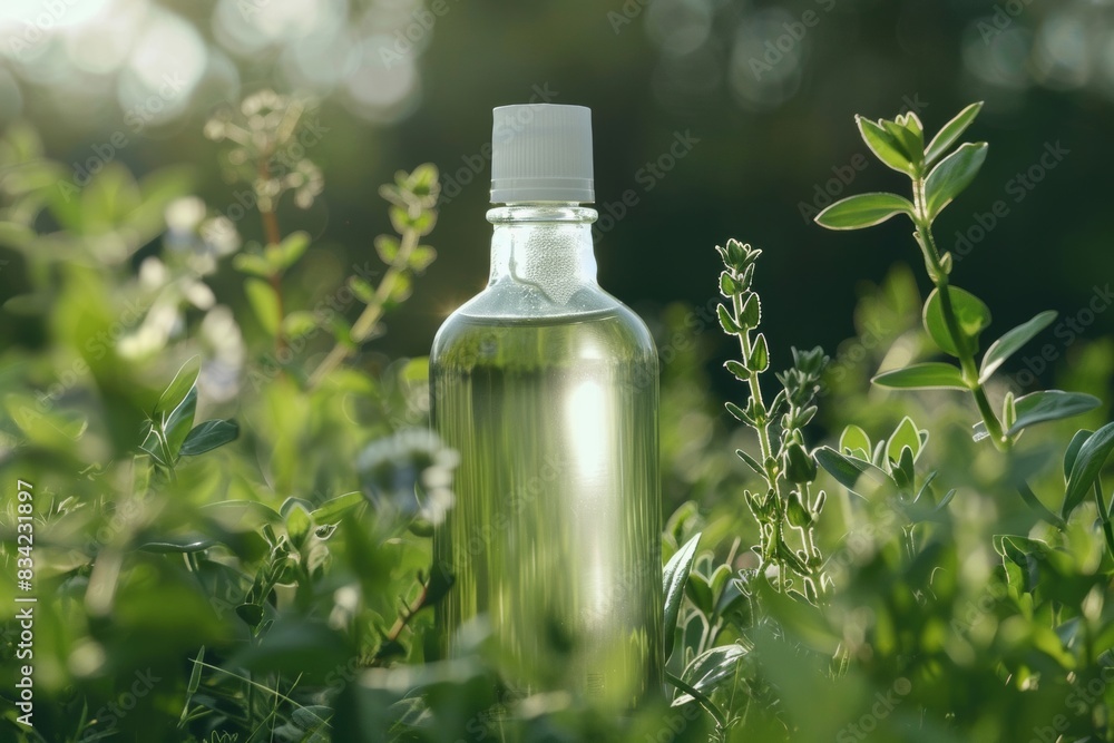 Bottle of glycerin placed on a background of fresh herbs which is a symbol of natural benefits Bottle of glycerin placed on a background of fresh herbs which is a symbol of natural benefits