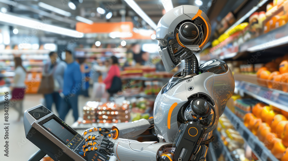 Robot shopping in grocery store with customers around generated with AI Robot shopping in grocery store with customers around generated with AI