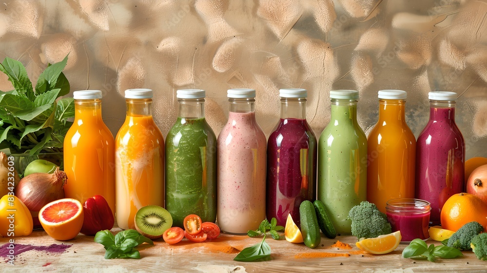 A vivid display of colorful fresh juices in glass bottles. Healthy lifestyle concept. Ideal for advertisements and blogs. Perfect for promoting organic beverages. AI A vivid display of colorful fresh juices in glass bottles. Healthy lifestyle concept. Ideal for advertisements and blogs. Perfect for promoting organic beverages. AI