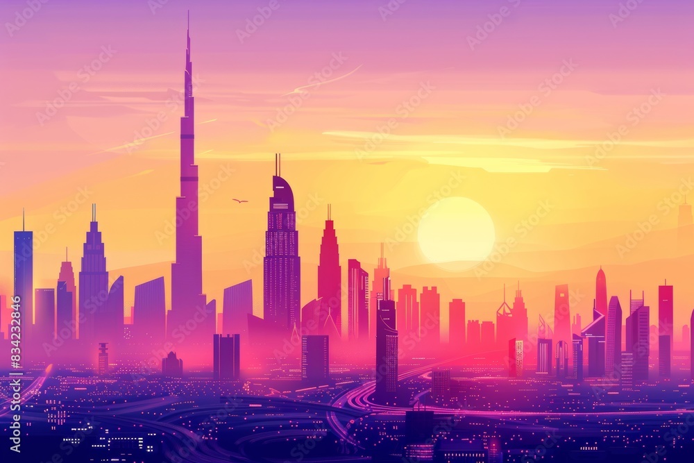 From top to bottom, the picture has a violet sky, yellow, and white gradient background From top to bottom, the picture has a violet sky, yellow, and white gradient background