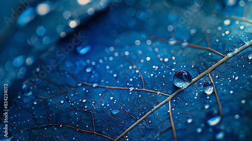 a close-up of a blue leaf adorned with water droplets. The leaf’s intricate network of veins is highlighted by the blue hue photo