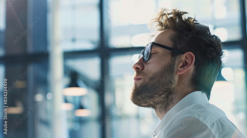A professional in business attire rests in the office, against a blurry white office background A professional in business attire rests in the office, against a blurry white office background