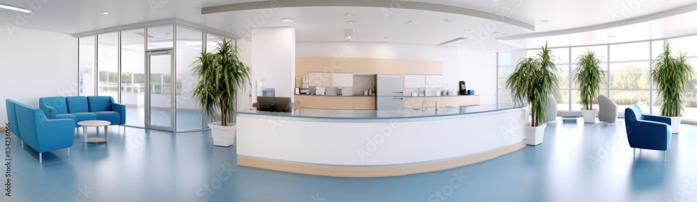 Clinic Reception 3D Illustration with Copy Space. Reception desk in a ...