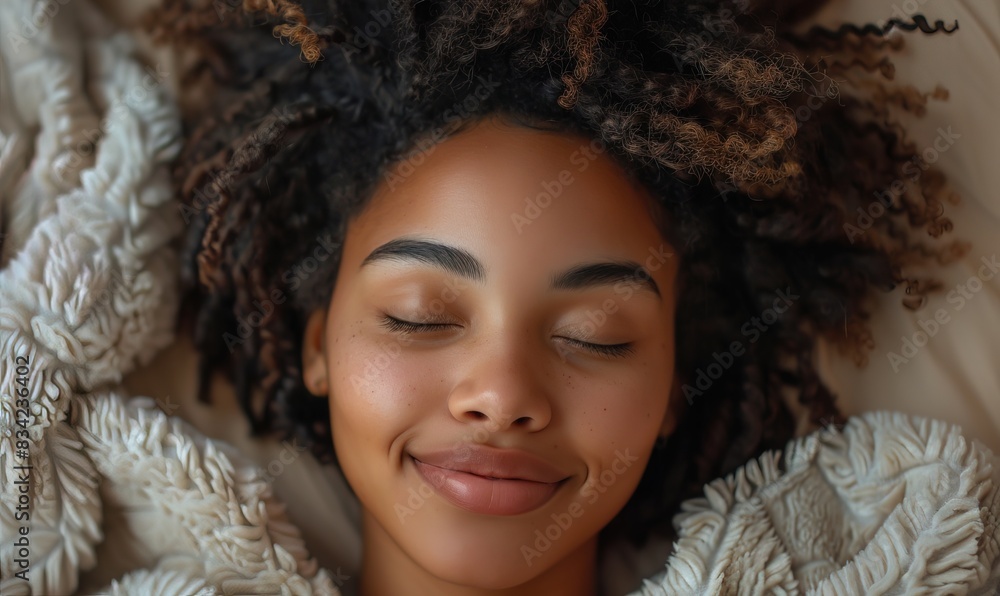 Young well-slept african woman waking up in bed, smiling and holding blanket with closed eyes, top view Young well-slept african woman waking up in bed, smiling and holding blanket with closed eyes, top view
