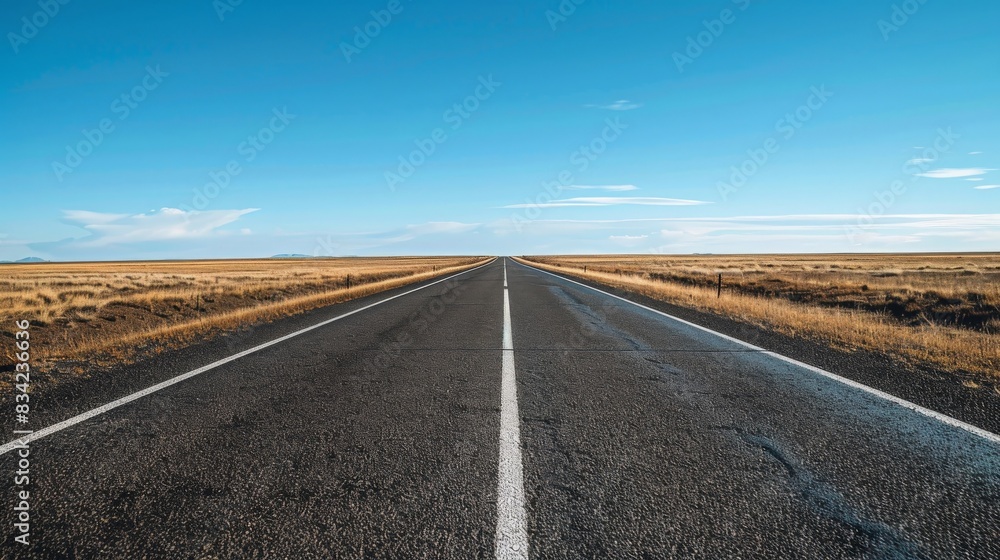 Naklejka premium An empty, open road stretching into the horizon under a clear sky, the simplicity of the scene evoking a sense of freedom and endless possibility.