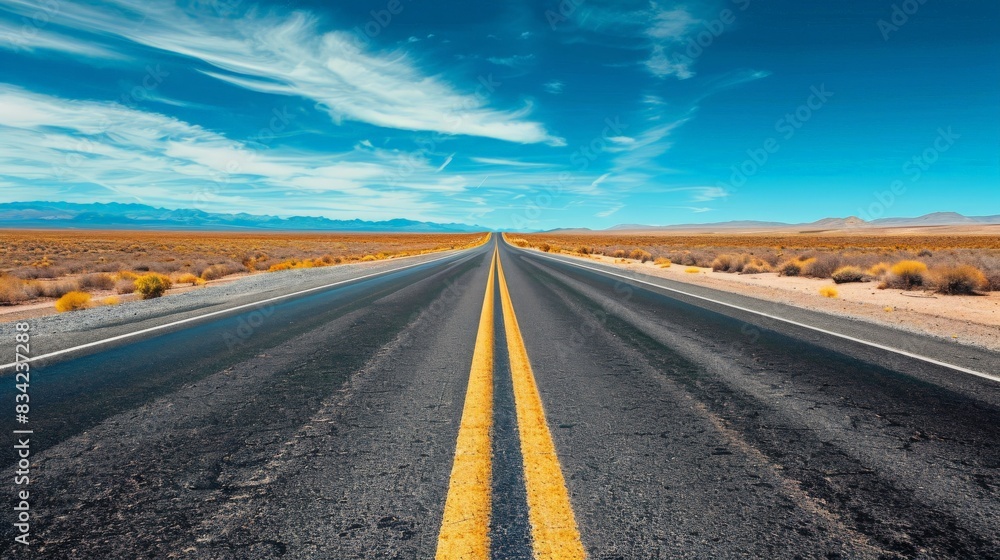 Naklejka premium An empty, open road stretching into the horizon under a clear sky, the simplicity of the scene evoking a sense of freedom and endless possibility.