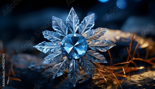 Blue crystal snowflake on dark background. 3d rendering, 3d illustration.