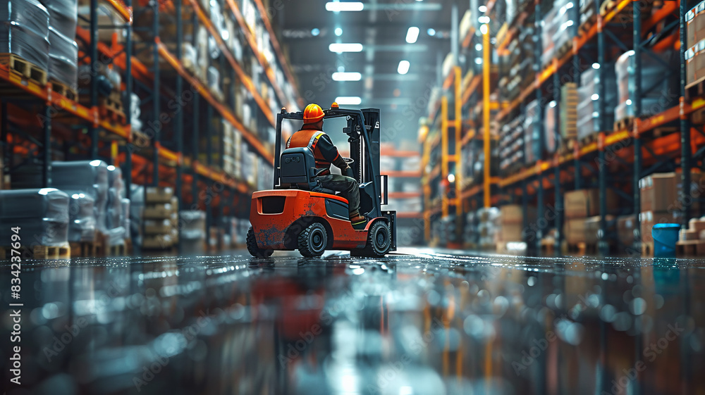 A friendly forklift operator in a well-lit, busy warehouse, emphasizing safety and efficiency.generative ai