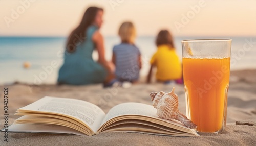 A mother is sitthing with kids on the beach. People ar blurred, a book a glass of juice, and a seashell are in front. Summer vacation photo