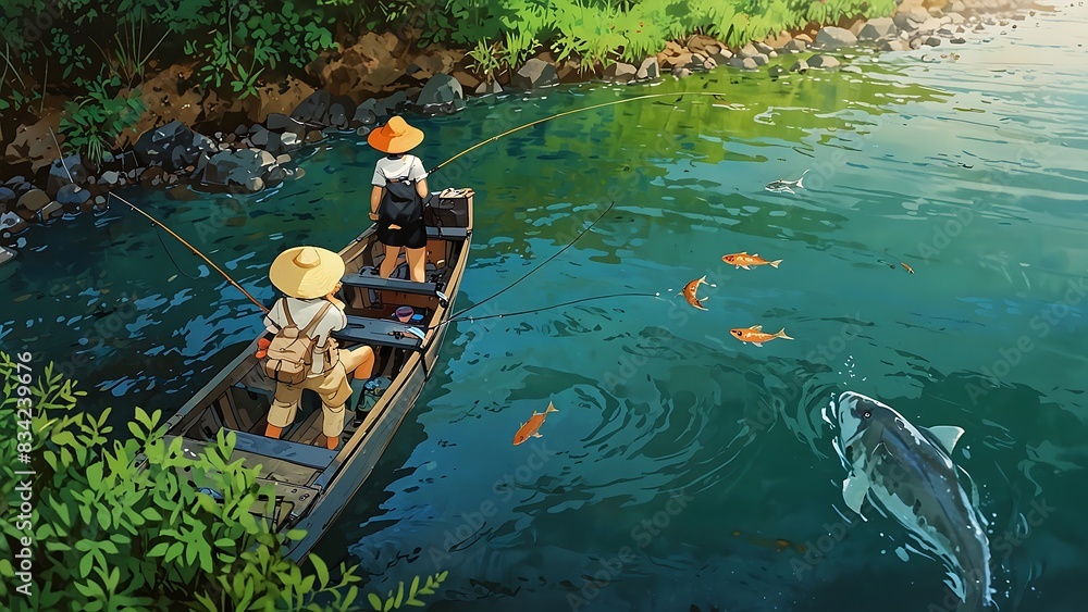 Obraz premium Anime Style Fishing gear hooks and baits on a wooden background
