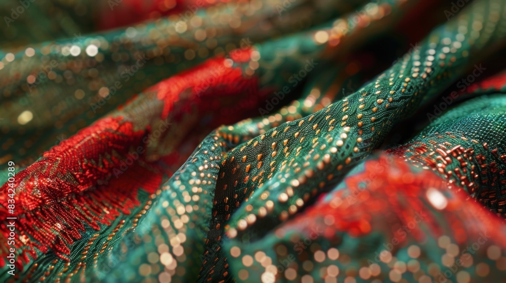 Detailed close up of vibrant green and red fabric with metallic copper accents, showcasing intricate textures and colors Detailed close up of vibrant green and red fabric with metallic copper accents, showcasing intricate textures and colors