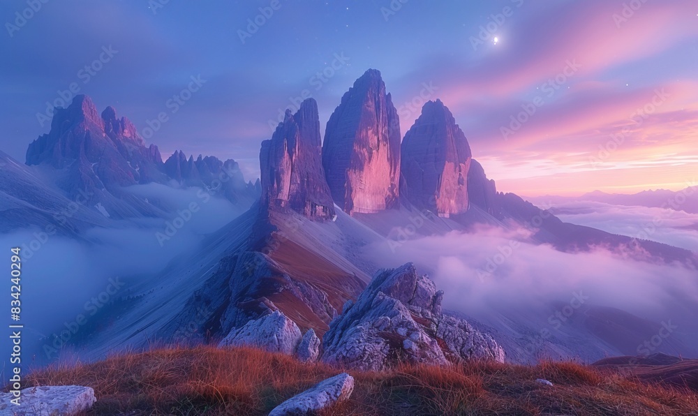 Fototapeta premium Mountains in fog at beautiful night. Dreamy landscape