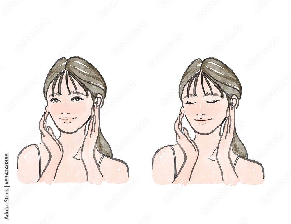 スキンケアをする女性の美容イラスト スキンケアをする女性の美容イラスト