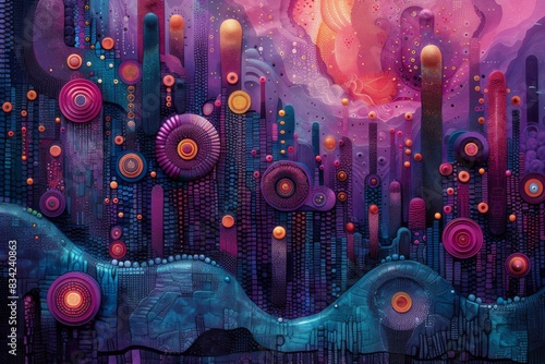 Abstract cityscape background with vibrant colors and circular patterns