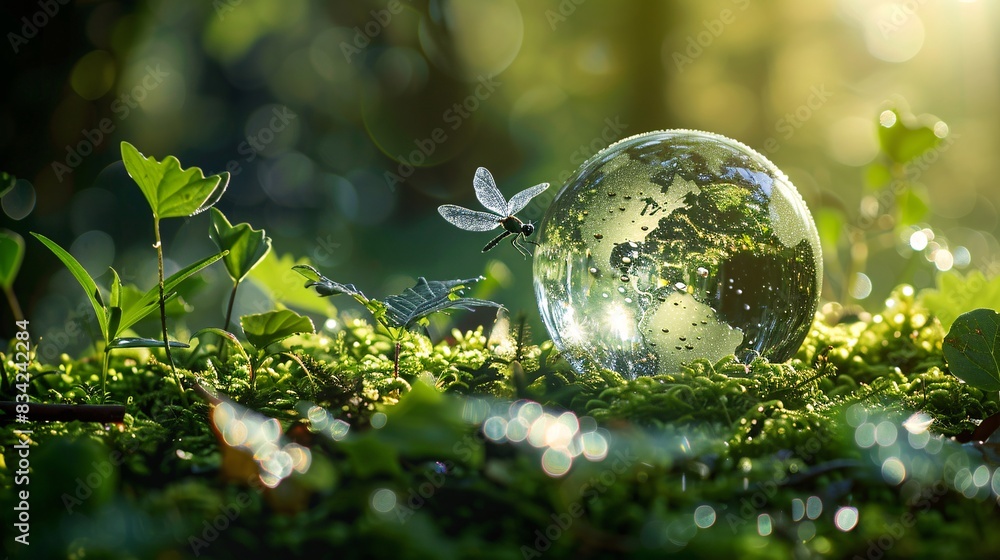 Sustainable concept, Crystal Globe on Green Moss in Forest Depicting Earth and Nature Conservation - Generative AI Sustainable concept, Crystal Globe on Green Moss in Forest Depicting Earth and Nature Conservation - Generative AI