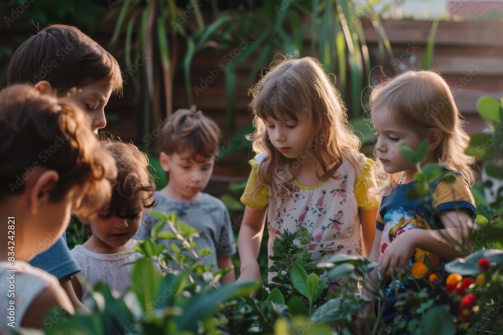 Group of children in the garden. Selective focus. nature. Group of children in the garden. Selective focus. nature.