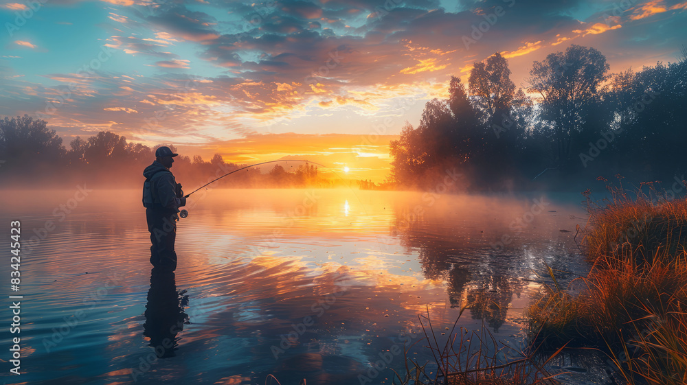 Fototapeta premium A man is fishing in a lake at sunset,generative ai