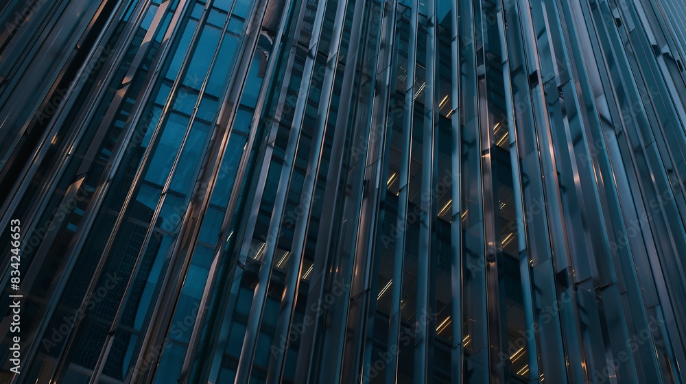 Obraz premium Detailed texture of skyscraper exterior panels, close-up, no people, twilight, cool tones, vertical lines. 