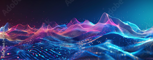 Abstract data visualization background with glowing colorful lines and dots on dark blue wavey mountain landscape. Big filtering sound waves, complex spectrum elements photo