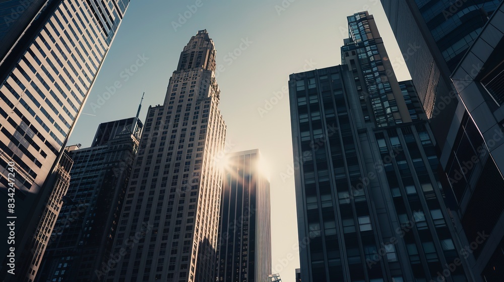 Close-up of city skyline with towering buildings, sharp architectural details, no humans, midday sun, metropolitan. Close-up of city skyline with towering buildings, sharp architectural details, no humans, midday sun, metropolitan.