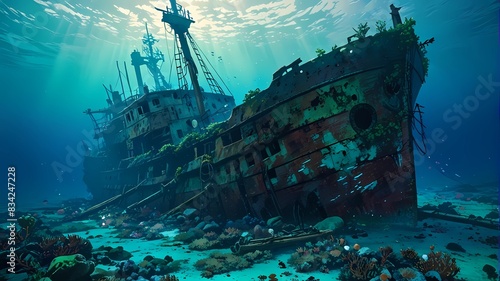 Abandoned ship resting on the ocean floor, surrounded by the mysteries of the deep