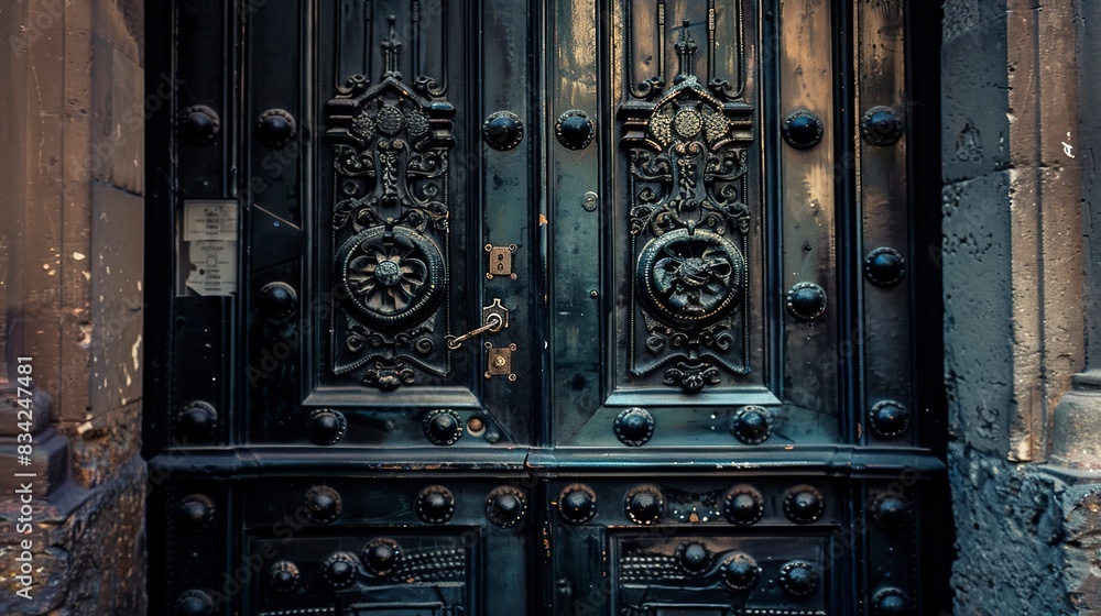 Close view of historic building door, detailed ironwork, early dawn, deserted, entry to history. Close view of historic building door, detailed ironwork, early dawn, deserted, entry to history.