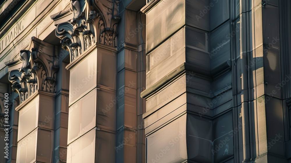 Obraz premium Government building facade close-up, detailed stonework, no people, soft morning light, authority structure. 