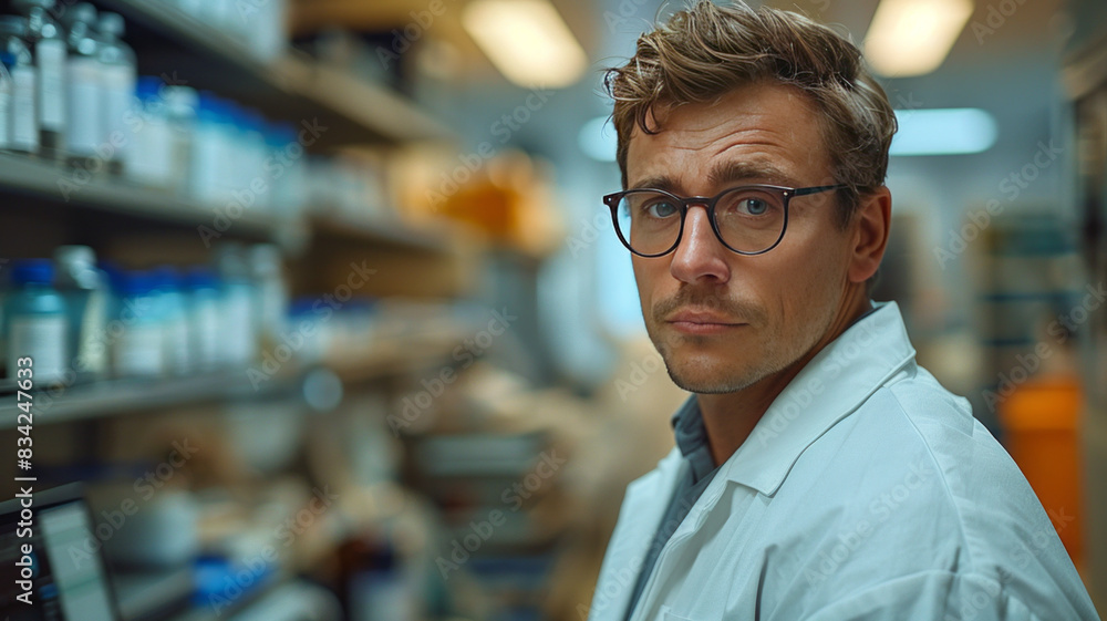 Fototapeta premium A doctor in a white lab coat is looking at a tablet computer,generative ai