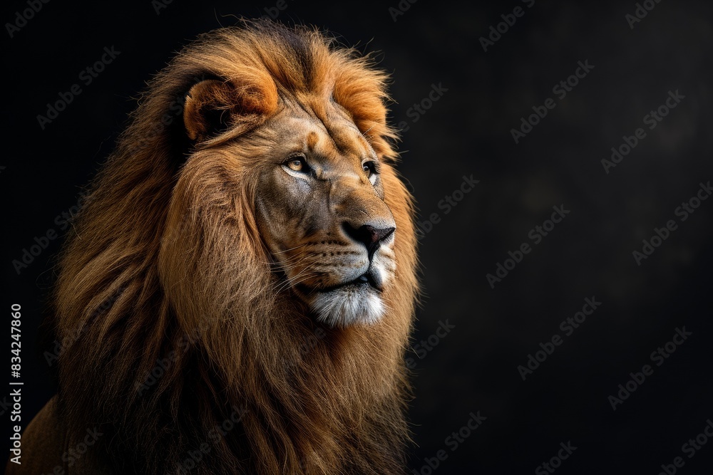 Fototapeta premium Mystic portrait of African Lion, beside view, full body shot, Close-up View Isolated on black background