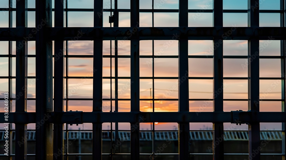 Industrial building window grids close-up, sharp metal details, no people, sunset, secured views. Industrial building window grids close-up, sharp metal details, no people, sunset, secured views.