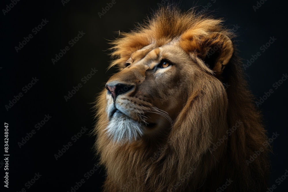Fototapeta premium Mystic portrait of African Lion beside view, full body shot, Close-up View Isolated on black background
