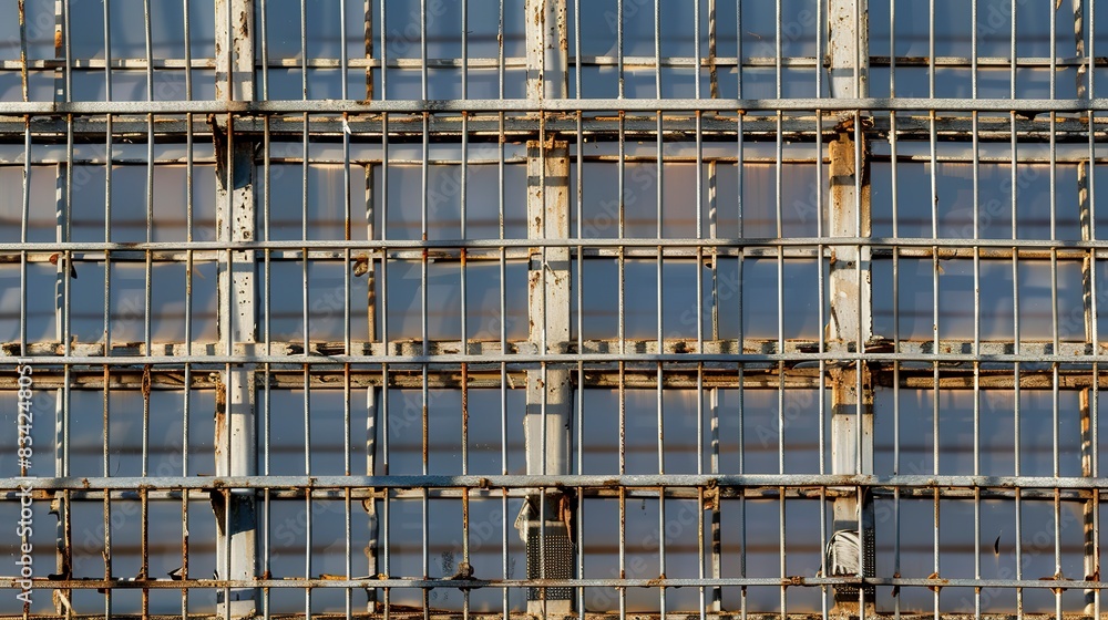 Industrial building window grids close-up, sharp metal details, no people, sunset, secured views. Industrial building window grids close-up, sharp metal details, no people, sunset, secured views.