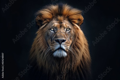 Mystic portrait of African Lion  beside view  full body shot  Close-up View Isolated on black background