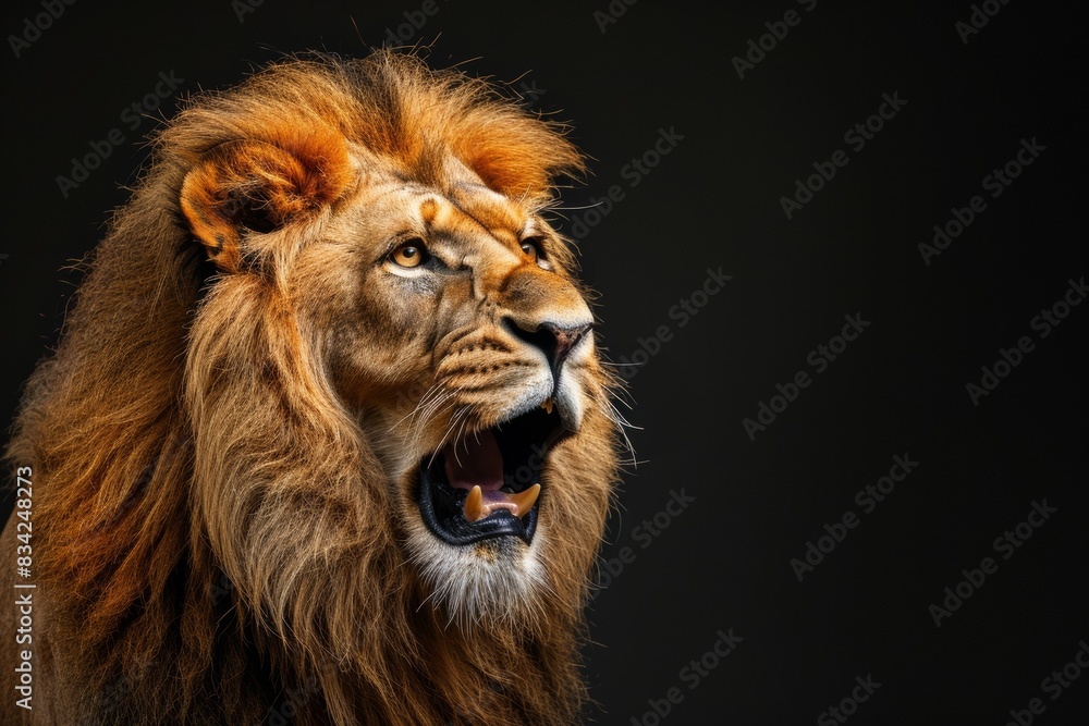 Fototapeta premium Mystic portrait of African Lion in studio, copy space on right side, Anger, Menacing, Headshot, Close-up View Isolated on black background