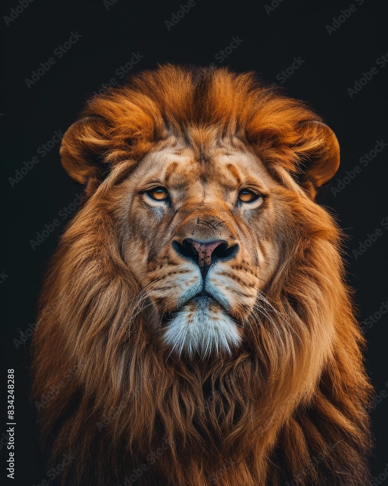 Fototapeta premium Mystic portrait of African Lion, copy space on right side, Anger, Menacing, Headshot, Close-up View Isolated on black background